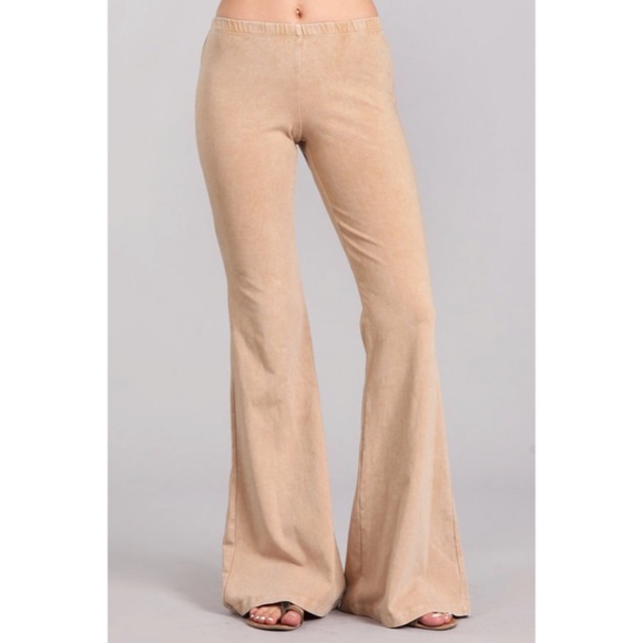 Beige Boho Mineral Wash Stretch Flared Bell Bottom Casual Pants - Picture 2 of 6